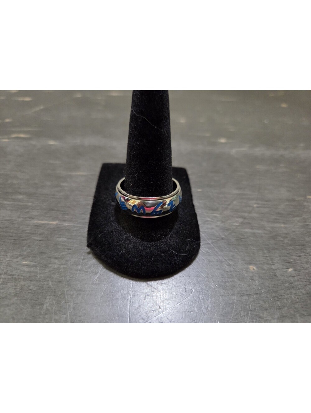 Men's Wide Band Ring Silver Tone Blue Abstract Design Size 10.5